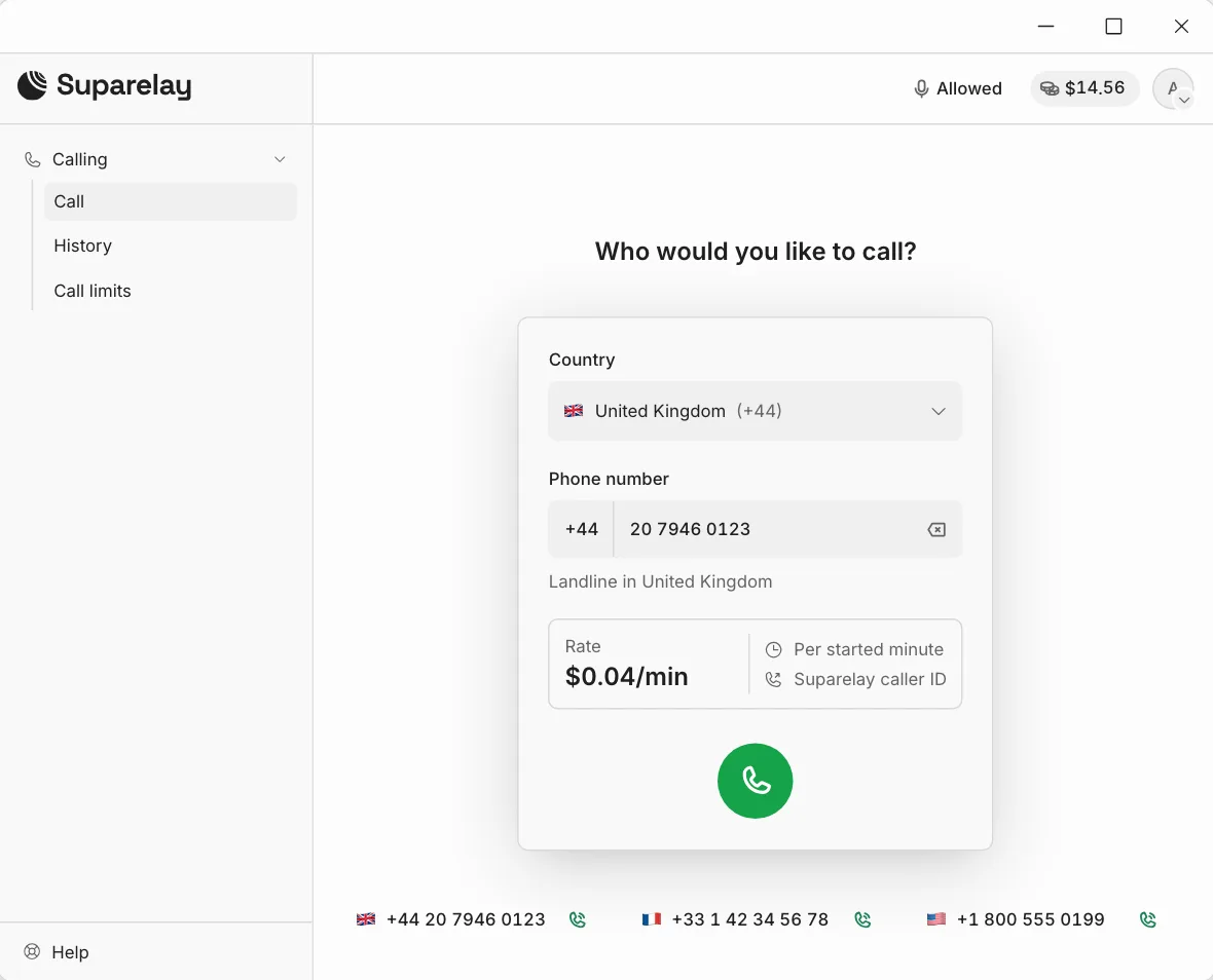 Suparelay Desktop on a computer, with the dialer open